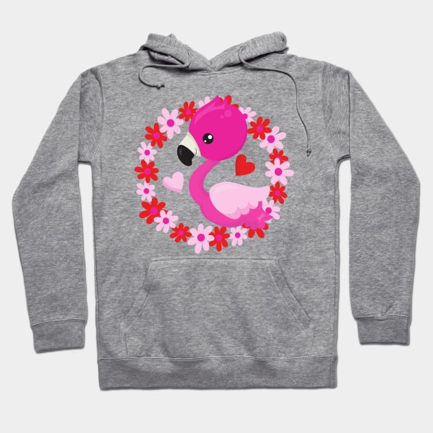 Cute Flamingo, Pink Flamingo, Bird, Flowers, Heart Hoodie by Jelena Dunčević